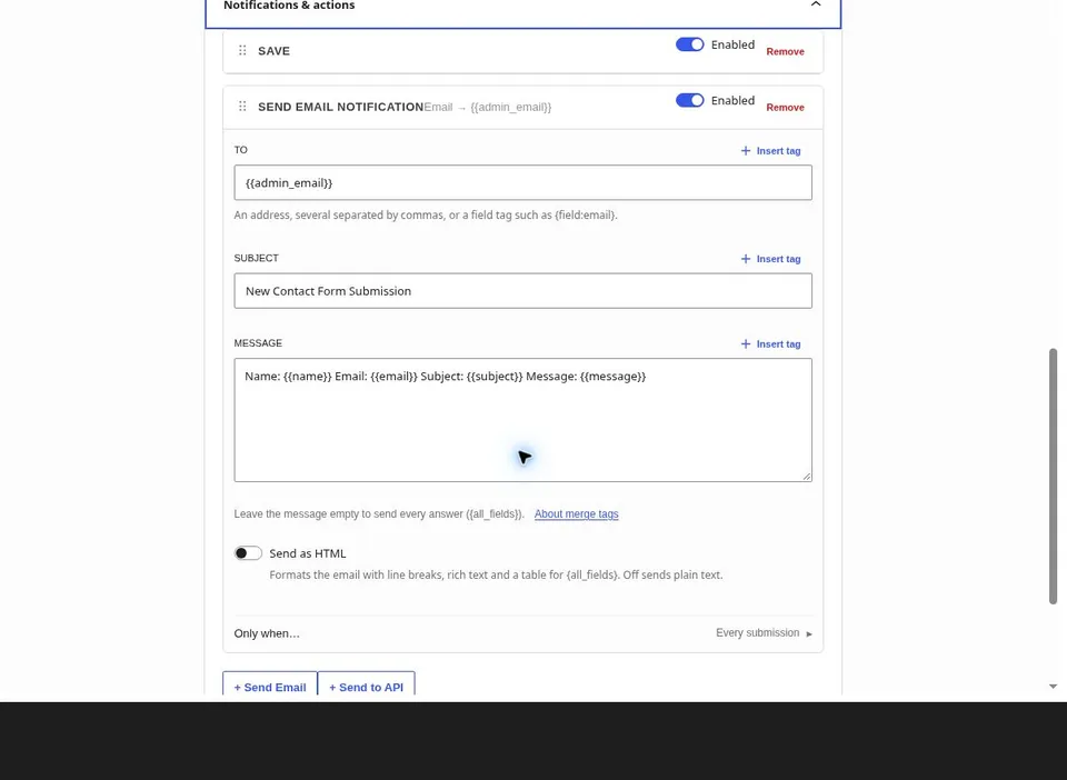 The form Settings screen with Notifications and actions, including recipient and merge-tag controls.
