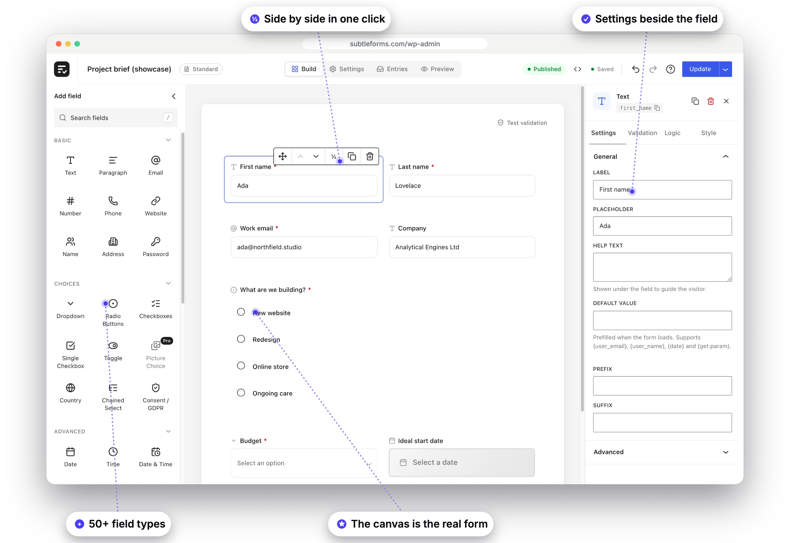 The SubtleForms builder with the field library, live canvas and field settings