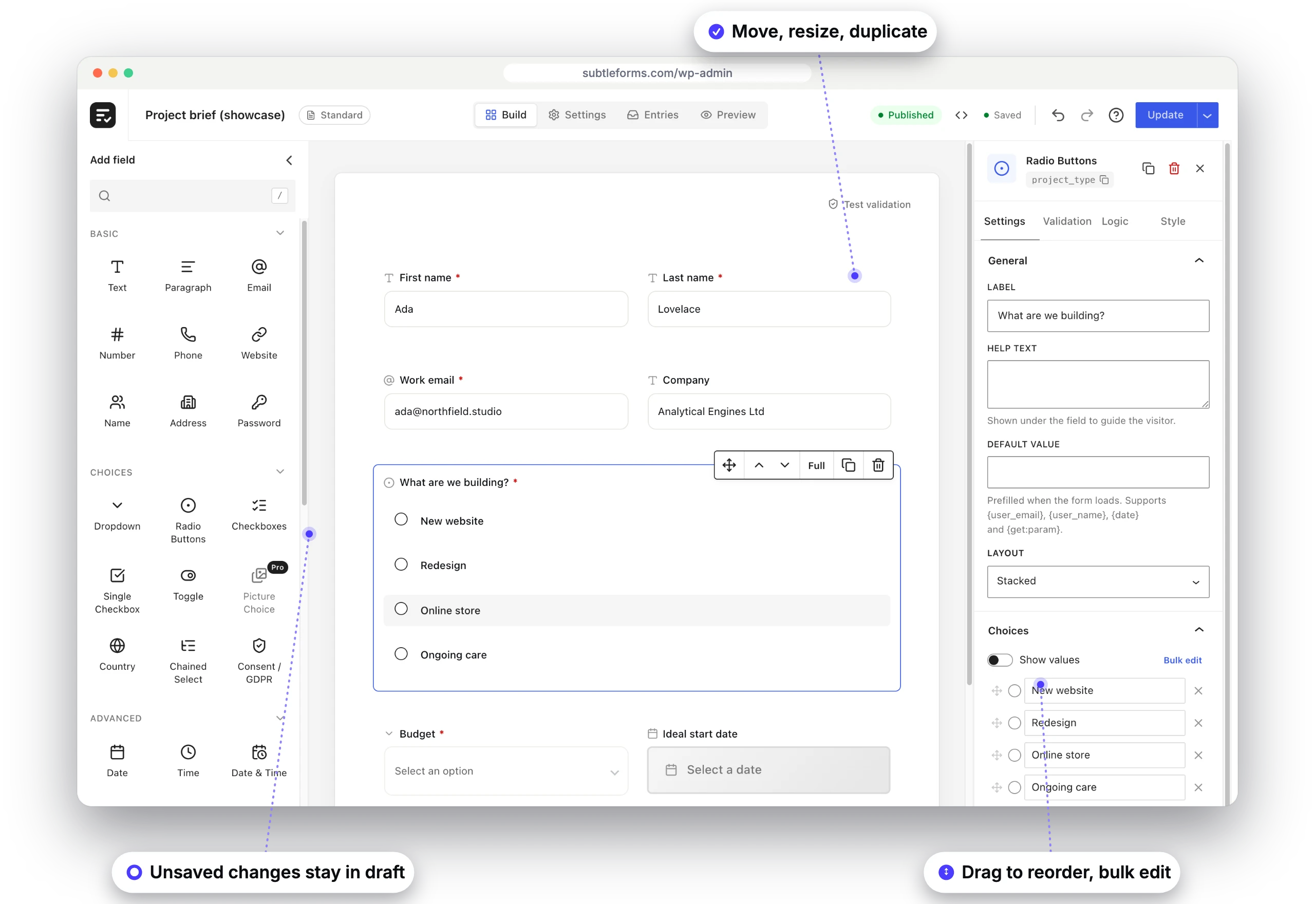 Editing a field’s choices in the SubtleForms builder