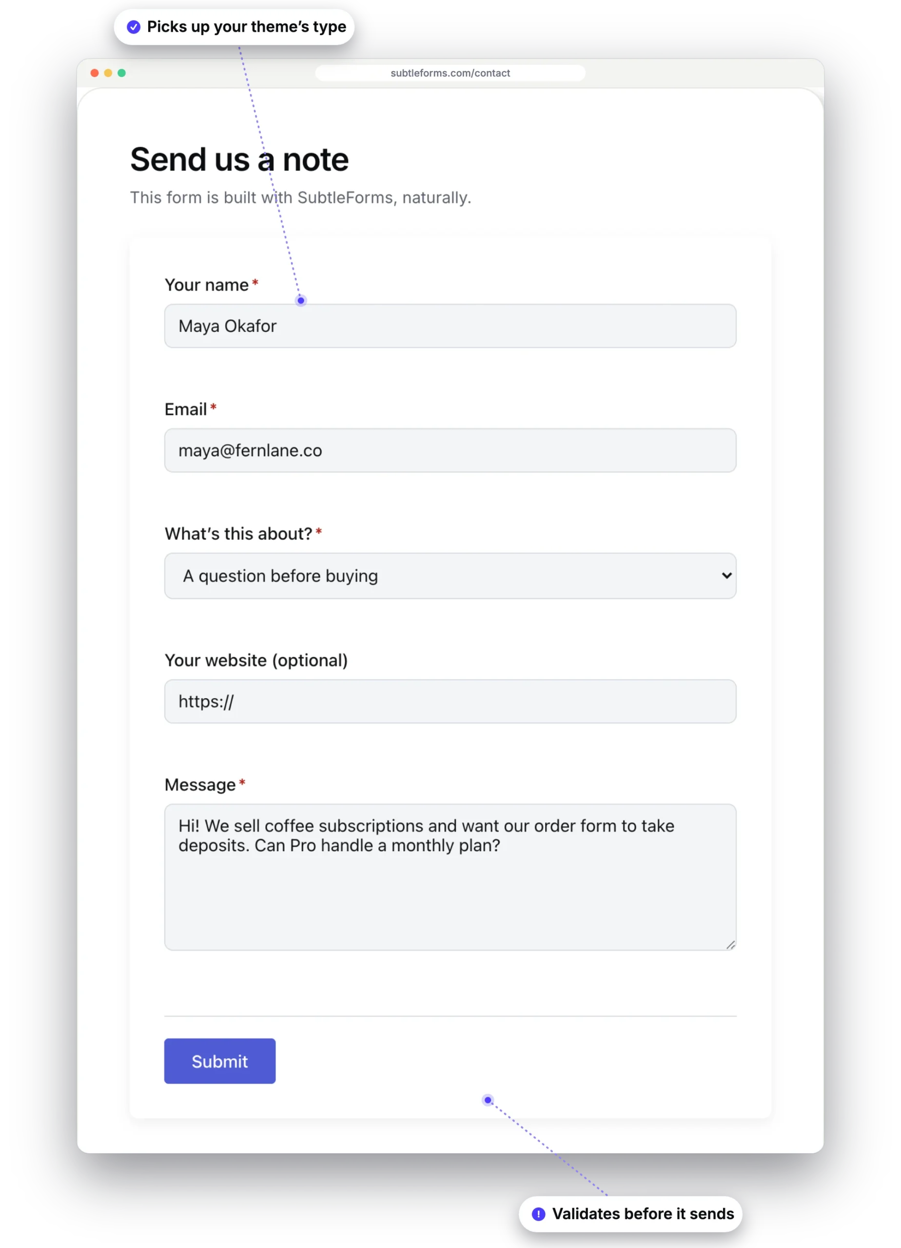 A SubtleForms contact form as visitors see it