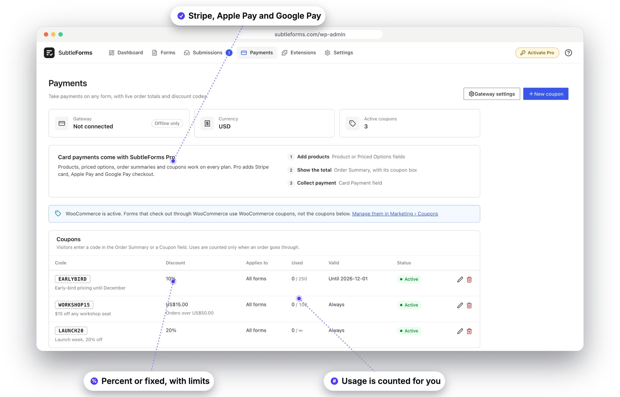 SubtleForms payments screen with coupon codes, limits and usage